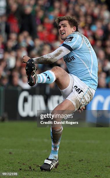 Toby Flood of Leicester kicks a penalty during the Guinness Premiership match between Worcester Warriors and Leicester Tigers at Sixways on March 27,...