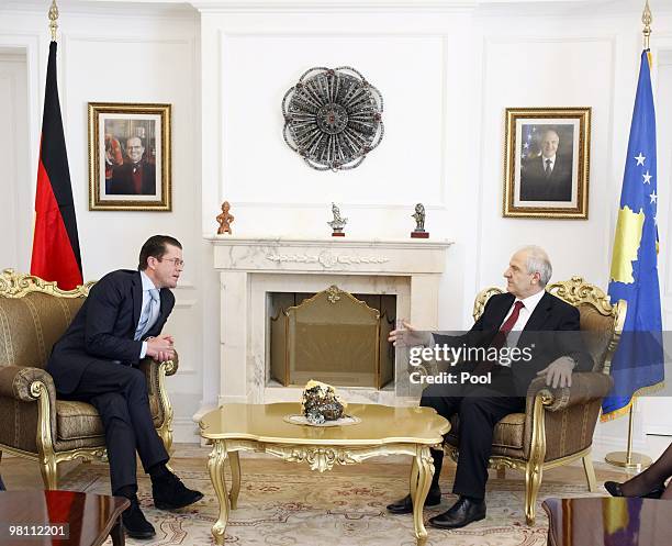 German Defense Minister Karl-Theodor zu Guttenberg holds bilateral talks with Kosovan President Fatmir Sejdiu on March 29, 2010 in Pristina, Serbia....