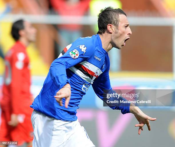 Stefano Guberti of UC Sampdoria celebrates scoring his team's opening goal during the Serie A match between UC Sampdoria and Cagliari Calcio at...