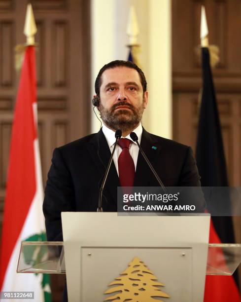 Lebanese Prime Minister Saad Hariri gives a press conference with the German Chancellor at his office in the capital Beirut on June 22, 2018 during...