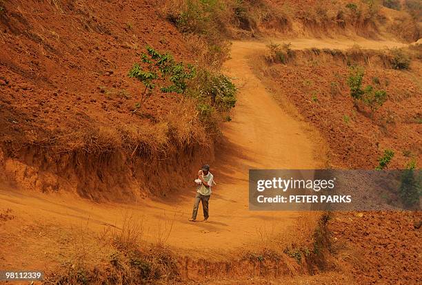 To go with feature story China-environment-drought by Dan Martin In a picture taken on March 24, 2010 a peasant farmer walks up a dusty track with...