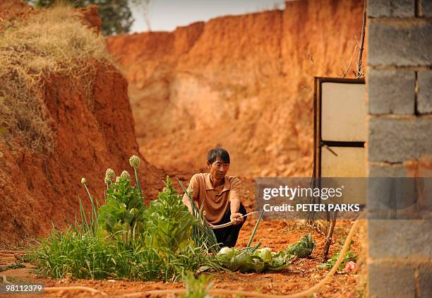 To go with feature story China-environment-drought by Dan Martin In a picture taken on March 24, 2010 a farmer waters his small patch of vegetables...