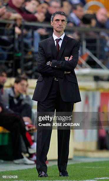 Sevilla's new coach Antonio Alvarez Giraldez reacts during their Spanish league football match against Villarreal on March 28, 2010 at Madrigal...
