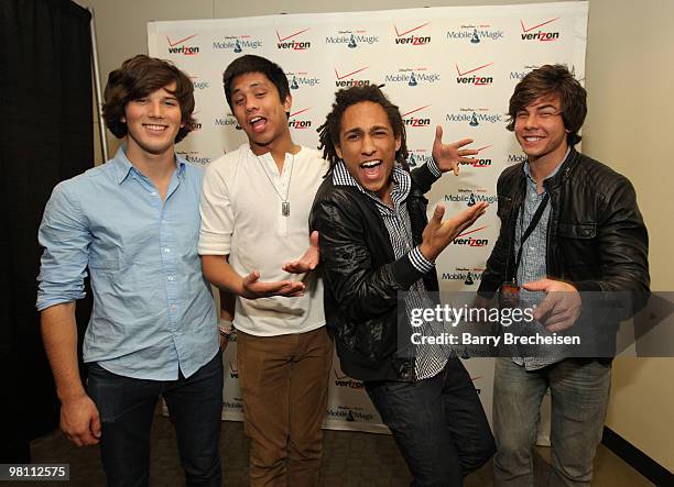 Zach Porter, Michael Martinez, Nathan Darmody and Cameron Quiseng of Allstar Weekend attend Verizon's ''Experience the Magic'' tour celebrating...