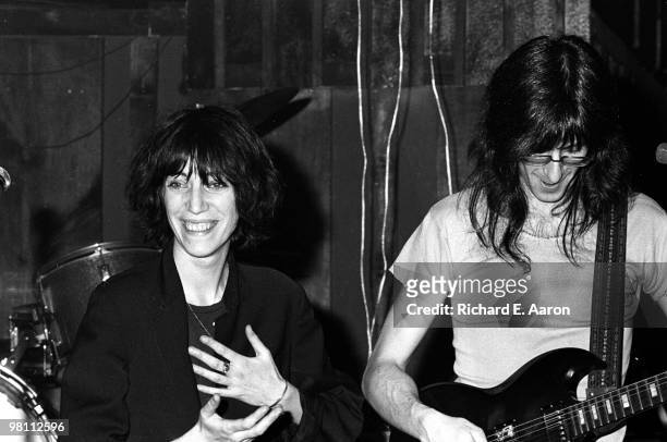 Patti Smith performing with Lenny Kaye of the Patti Smith Group at CBGB's club in New York City on April 04 1975