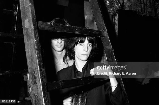 Patti Smith posed with Lenny Kaye from the Patti Smith Group at CBGB's club in New York City on April 04 1975