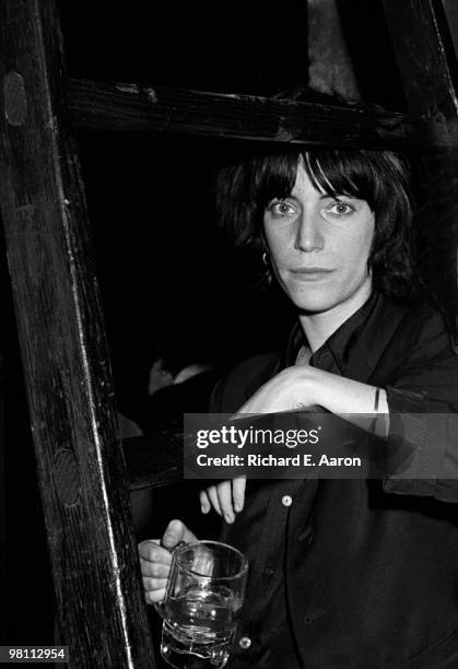 Patti Smith posed backstage before performing with the Patti Smith Group at CBGB's club in New York City on April 04 1975