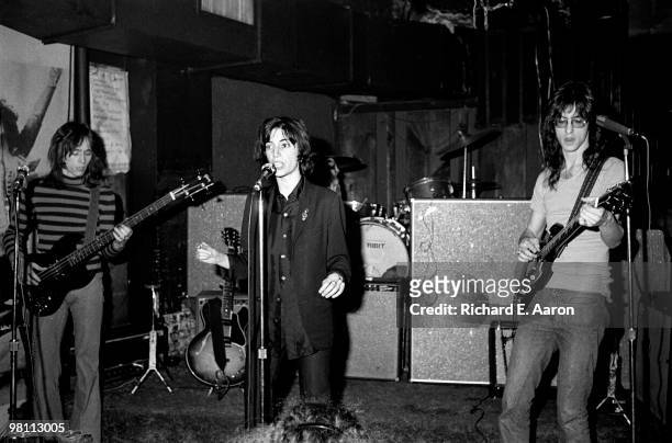 Patti Smith performing with Lenny Kaye and Ivan Kral from the Patti Smith Group at CBGB's club in New York City on April 04 1975