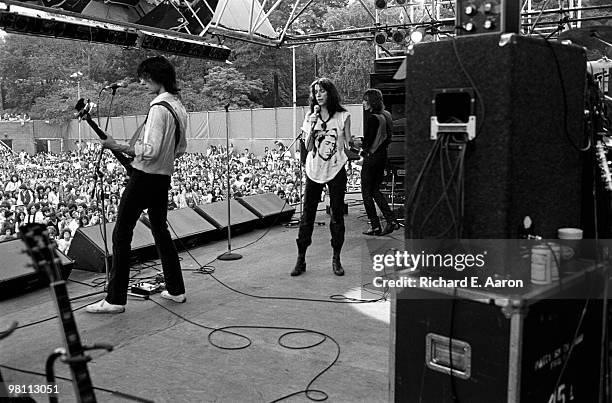 Patti Smith performing on stage with The Patti Smith Group in Central Park as part of The Dr Pepper Music Festival on August 04 1978 L-R Lenny Kaye,...