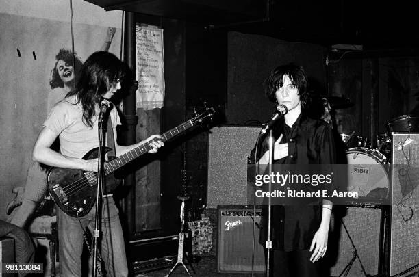 Patti Smith performing with Lenny Kaye from the Patti Smith Group at CBGB's club in New York City on April 04 1975