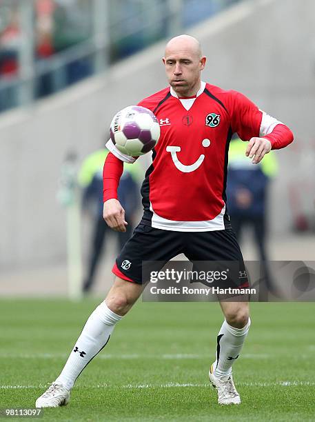 Jiri Stajner of Hannover controls the ball during the Bundesliga match between Hannover 96 and 1. FC Koeln at AWD Arena on March 27, 2010 in Hanover,...