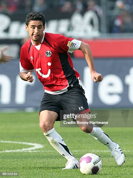 Karim Haggui of Hannover controls the ball during the Bundesliga match between Hannover 96 and 1. FC Koeln at AWD Arena on March 27, 2010 in Hanover,...