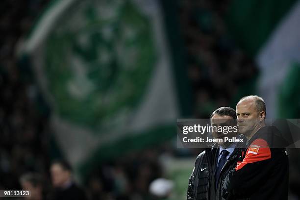 Head coach Thomas Schaaf and Manager Klaus Allofs of Bremen are seen prior to the DFB Cup Semi Final match between SV Werder Bremen and FC Augsburg...