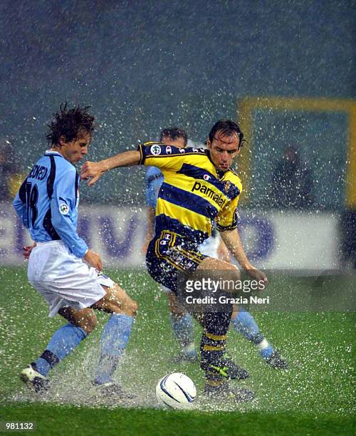 Pavel Nedved of Lazio and Alain Boghossian of Parma in action before the suspension of the Serie A 25th Round League match between Lazio and Parma...