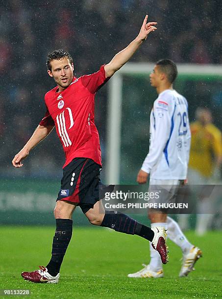 Lille's French midfielder Yohan Cabaye celebrates after scoring during the L1 football match Lille vs Montpellier on March 28, 2010 at Lille...