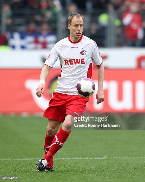 Kevin McKenna of Koeln controls the ball during the Bundesliga match between Hannover 96 and 1. FC Koeln at AWD Arena on March 27, 2010 in Hanover,...