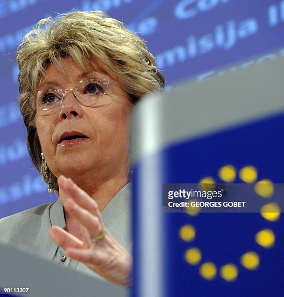 Commissioner for Justice, Fundamental Rights and Citizenship Viviane Reding of Luxembourg gestures as she gives a press conference on the law...