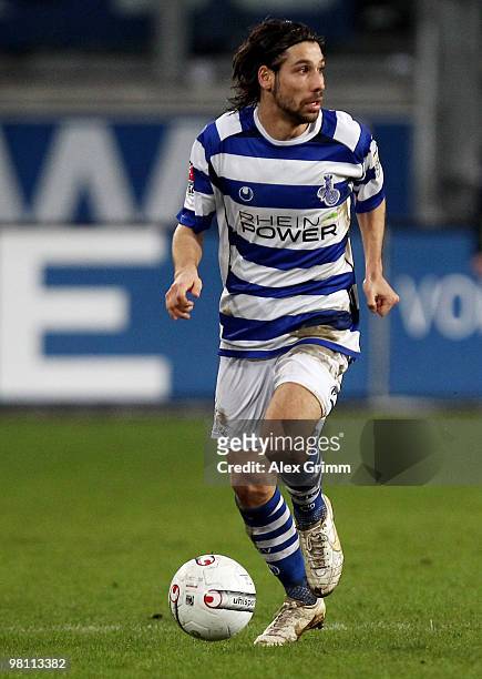 Olcay Sahan of Duisburg runs with the ball during the second Bundesliga match between MSV Duisburg and TuS Koblenz at the MSV Arena on March 26, 2010...