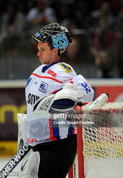 Goal keeper Dimitri Patzold of Ingolstadt during the DEL playoff match between Koelner Haie and ERC Ingolstadt on March 26, 2010 in Cologne, Germany.