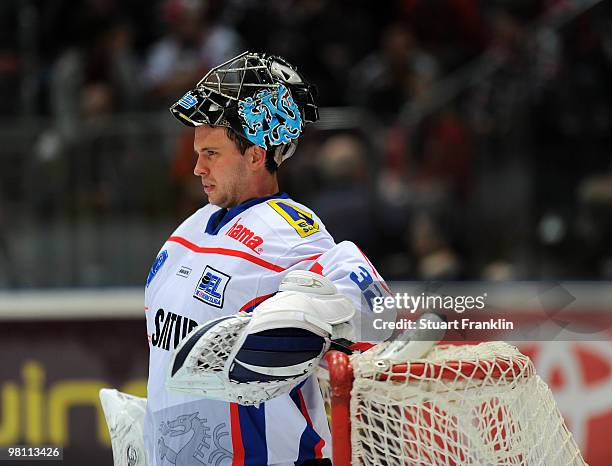 Goal keeper Dimitri Patzold of Ingolstadt during the DEL playoff match between Koelner Haie and ERC Ingolstadt on March 26, 2010 in Cologne, Germany.