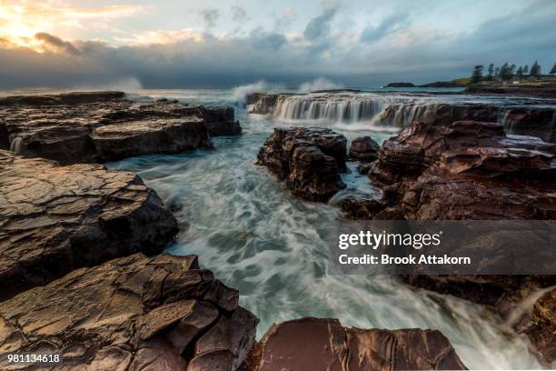 rocks on kiama at sunrise, australia - kiama bildbanksfoton och bilder