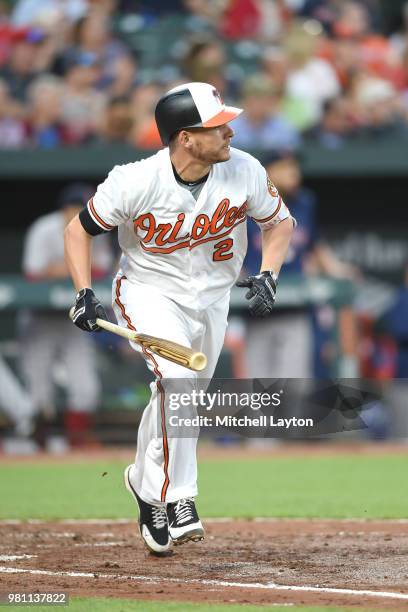 Danny Valencia of the Baltimore Orioles takes a swing during a baseball game against the Boston Red Sox at Oriole Park at Camden Yards on June 12,...