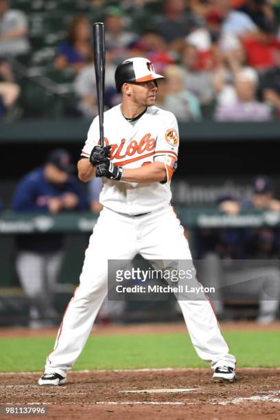 Danny Valencia of the Baltimore Orioles prepares for a pitch during a baseball game against the Boston Red Sox at Oriole Park at Camden Yards on June...