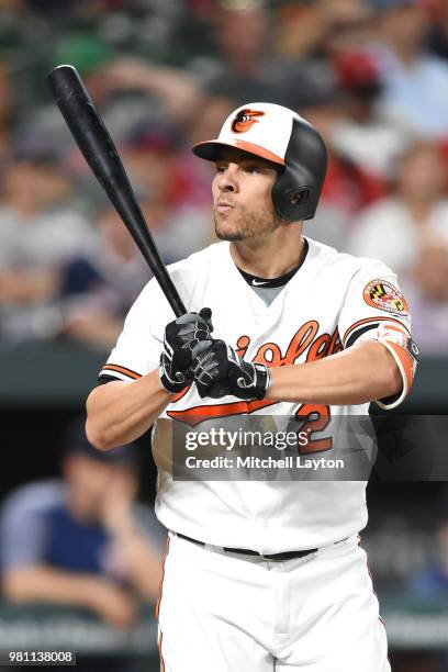 Danny Valencia of the Baltimore Orioles looks on during a baseball game against the Boston Red Sox at Oriole Park at Camden Yards on June 12, 2018 in...