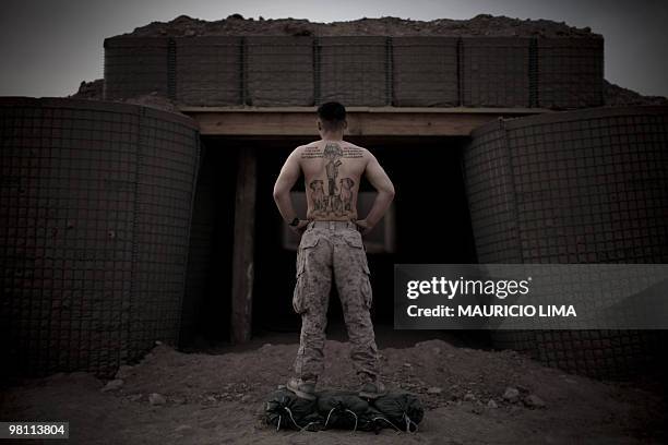 3rd Battalion, 6th Marines, Sergeant Paul Williams of Fostoria, Ohio, poses to show his tattoos, including two bull dogs , for a portrait at the...