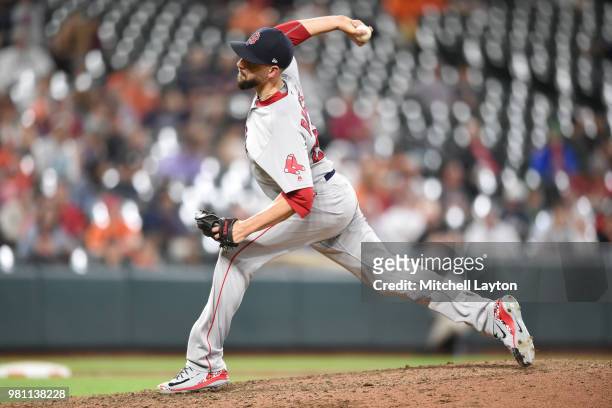 Matt Barnes of the Boston Red Sox pitches during a baseball game against the Baltimore Orioles at Oriole Park at Camden Yards on June 12, 2018 in...