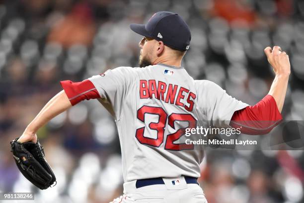 Matt Barnes of the Boston Red Sox pitches during a baseball game against the Baltimore Orioles at Oriole Park at Camden Yards on June 12, 2018 in...