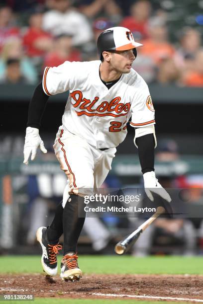 Joey Rickard of the Baltimore Orioles takes a swing during a baseball game against the Boston Red Sox at Oriole Park at Camden Yards on June 12, 2018...