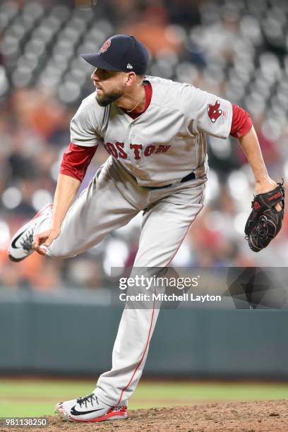 Matt Barnes of the Boston Red Sox pitches during a baseball game against the Baltimore Orioles at Oriole Park at Camden Yards on June 12, 2018 in...