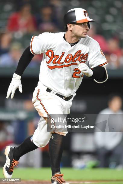 Joey Rickard of the Baltimore Orioles runs to first base during a baseball game against the Boston Red Sox at Oriole Park at Camden Yards on June 12,...