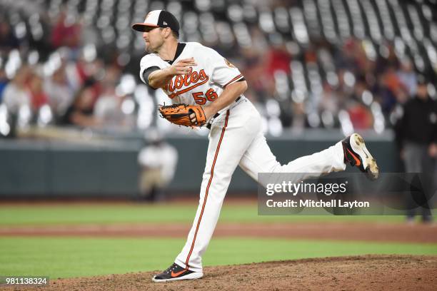 Darren O'Day of the Baltimore Orioles pitches during a baseball game against the Boston Red Sox at Oriole Park at Camden Yards on June 12, 2018 in...