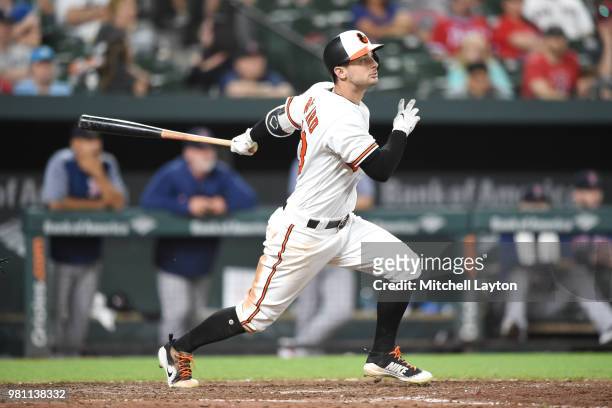 Joey Rickard of the Baltimore Orioles takes a swing during a baseball game against the Boston Red Sox at Oriole Park at Camden Yards on June 12, 2018...