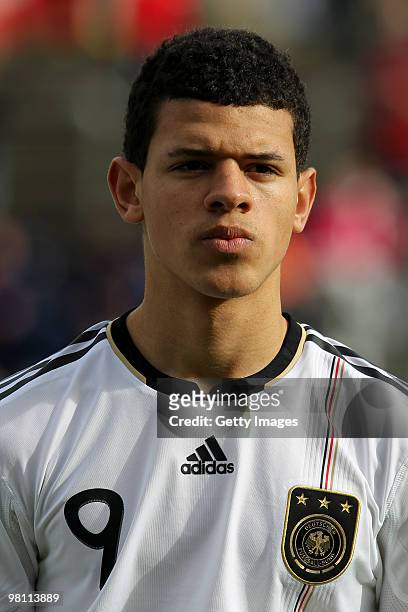 Shawn Parker of Germany pose during the U17 Euro Qualifier match between Switzerland and Germany at the Bruegglifield Stadium on March 27, 2010 in...