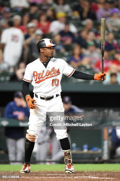 Adam Jones of the Baltimore Orioles prepares for a pitch during a baseball game against the Boston Red Sox at Oriole Park at Camden Yards on June 12,...