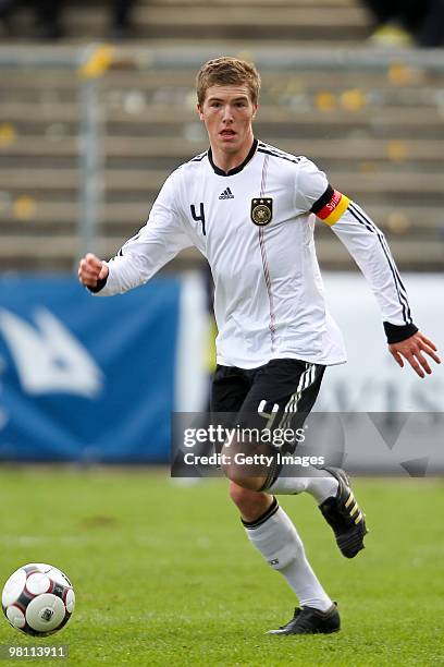 Andre Hoffmann of Germany in action during the U17 Euro Qualifier match between Switzerland and Germany at the Bruegglifield Stadium on March 27,...