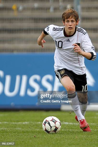 Fabian Huerzeler of Germany in action during the U17 Euro Qualifier match between Switzerland and Germany at the Bruegglifield Stadium on March 27,...