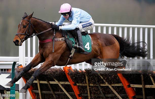 Drumshambo ridden by Aidan Coleman jumps the last before going on to win The Free Bets at gg.com Novices' Hurdle Race at Towcester racecourse on...