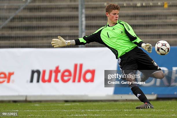 Timo Horn of Germany in action during the U17 Euro Qualifier match between Switzerland and Germany at the Bruegglifield Stadium on March 27, 2010 in...