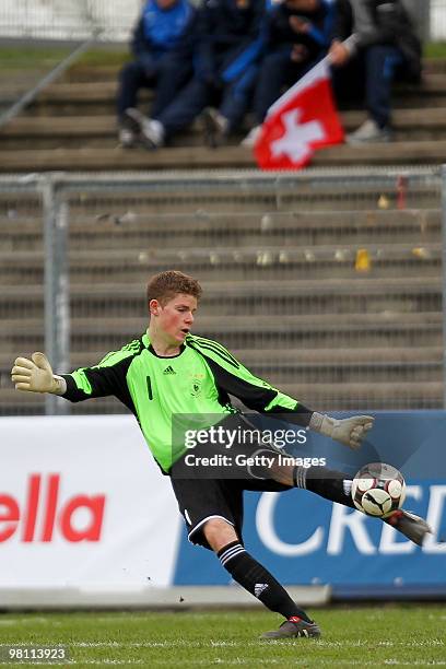 Timo Horn of Germany in action during the U17 Euro Qualifier match between Switzerland and Germany at the Bruegglifield Stadium on March 27, 2010 in...