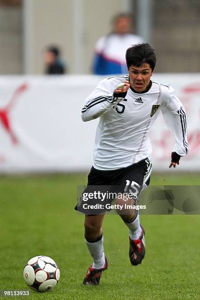 Leonardo Bittencourt of Germany in action during the U17 Euro Qualifier match between Switzerland and Germany at the Bruegglifield Stadium on March...