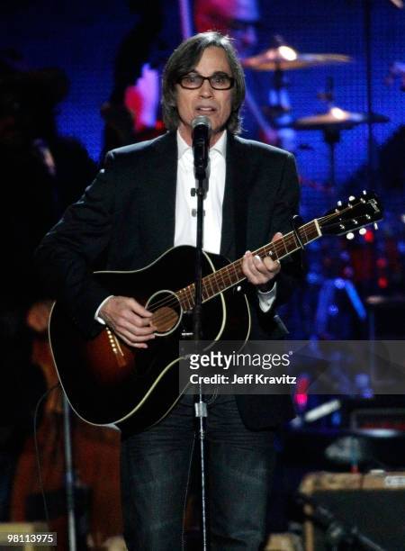 Musician Jackson Browne performs at 2010 MusiCares Person Of The Year Tribute To Neil Young at the Los Angeles Convention Center on January 29, 2010...