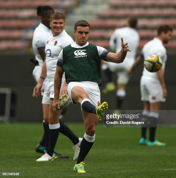 George Ford kicks the ball upfield during the England captain's run at Newlands Stadium on June 22, 2018 in Cape Town, South Africa.