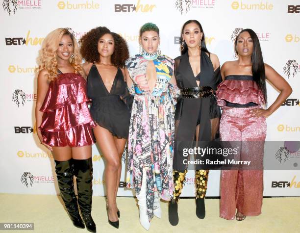 Singers Shyann Roberts, Brienna DeVlugt, Gabby Carreiro, Kristal Smith and Ashly Williams of June's Diary attend the BET Her Awards Presented By...