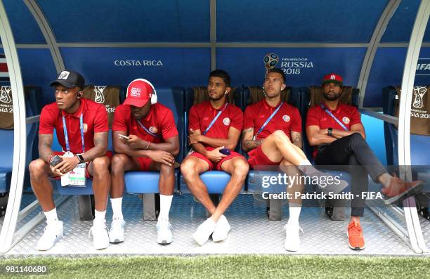 Rodney Wallace, Joel Campbell, Johan Venegas, Francisco Calvo and Patrick Pemberton of Costa Rica sit on the bench prior to the 2018 FIFA World Cup...