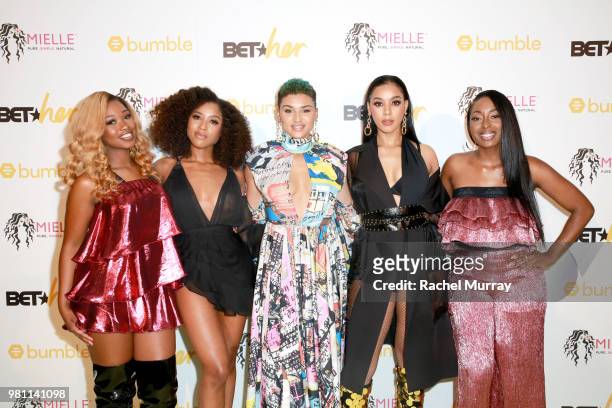 Singers Shyann Roberts, Brienna DeVlugt, Gabby Carreiro, Kristal Smith and Ashly Williams of June's Diary attend the BET Her Awards Presented By...