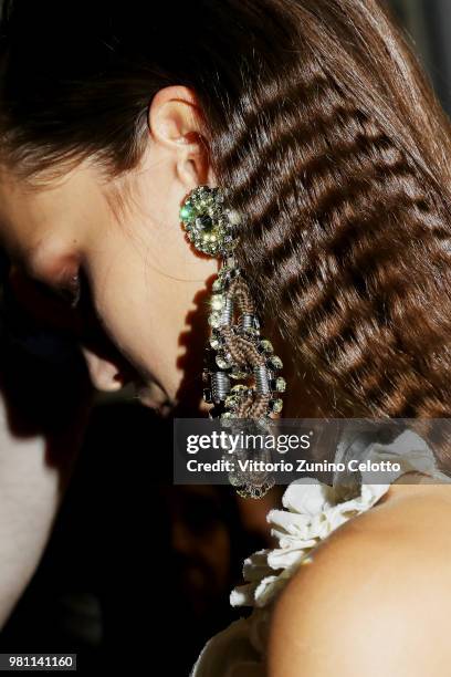 Model poses backstage ahead of the Dsquared2 show during Milan Men's Fashion Week Spring/Summer 2019 on June 17, 2018 in Milan, Italy.